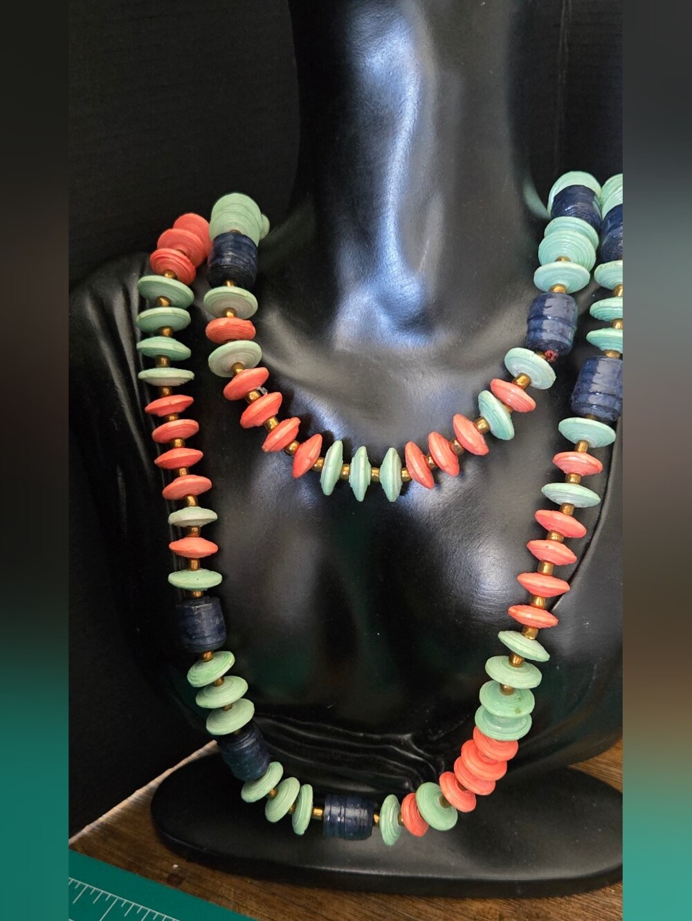 Artisan Green and Coral Paper Beaded Necklace Set